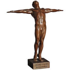 "Dedication to Service, " Very Rare Art Deco Sculpture with Male Nude by Burnham