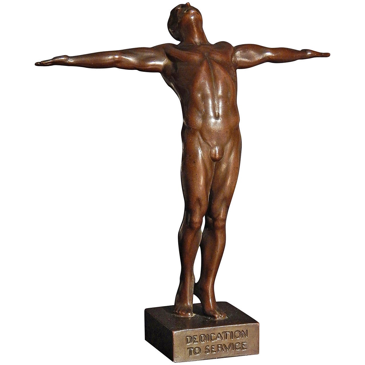 "Dedication to Service, " Very Rare Art Deco Sculpture with Male Nude by Burnham