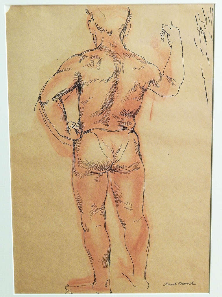 Along with Paul Cadmus and George Tooker, Jared French was among the first artists in America to live and work as an openly gay man, and like them, he often focused on the male nude and allegorical subjects.  French used pen and ink and a ruddy