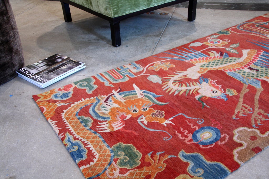 20th Century Antique Tibetan Dragon and Phoenix Carpet