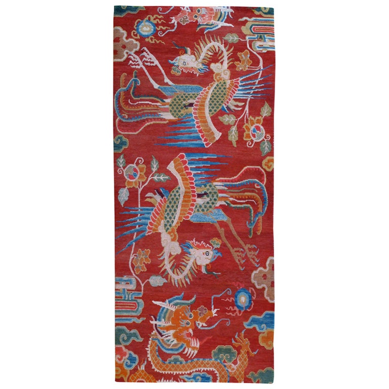 Antique Tibetan Dragon and Phoenix Carpet