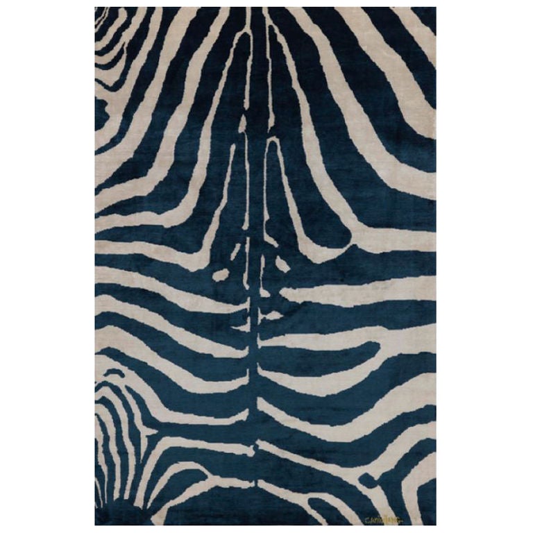 Indigo Blue Silk Zebra Area Rug