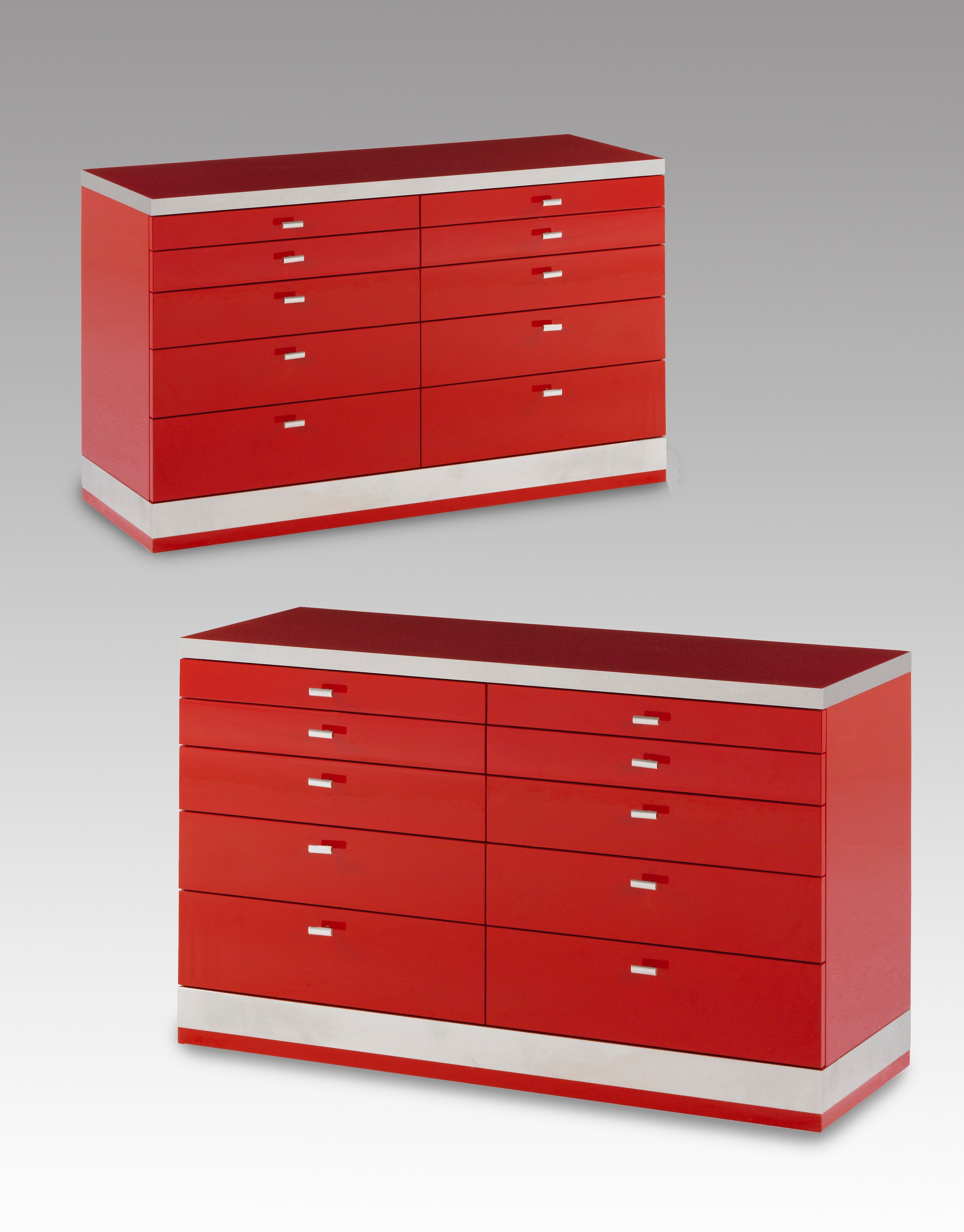 A Pair of Red Lacquer and Steel Commodes by Willy Rizzo