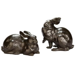 A Pair of Japanese Bronze Rabbits