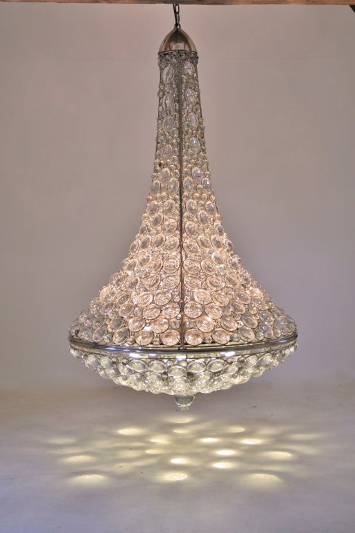 Spectacular chandelier of glass 'lens' and 'beads', in elegant nickel-plated support