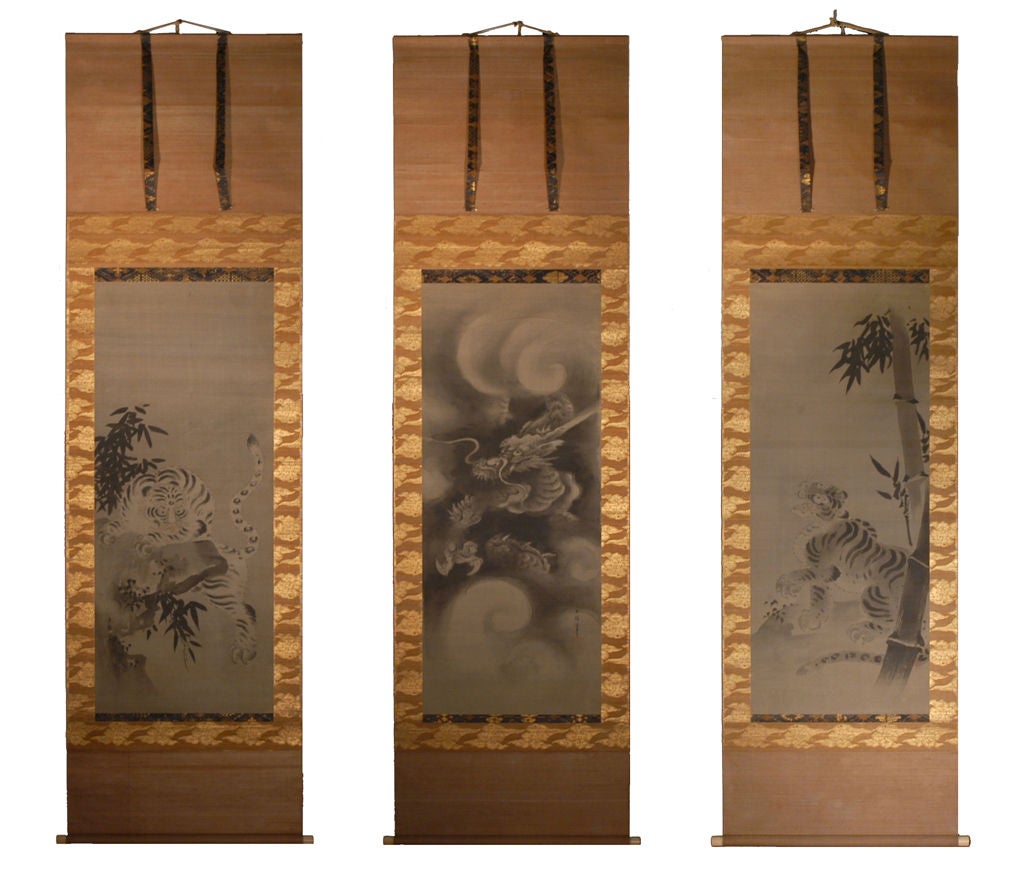Set of Three Japanese Scroll Paintings by Kano Arinobu, circa 1700