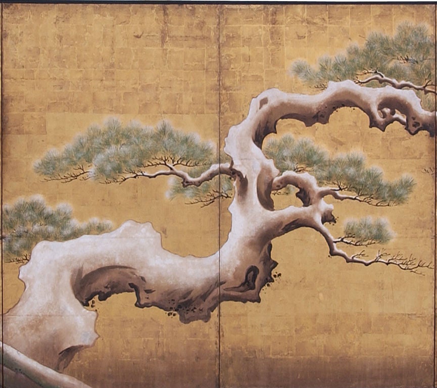 Gold Leaf Exceptionally Large Japanese Screen with Pine Tree & Peonies For Sale