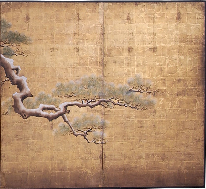 Exceptionally Large Japanese Screen with Pine Tree & Peonies For Sale 1