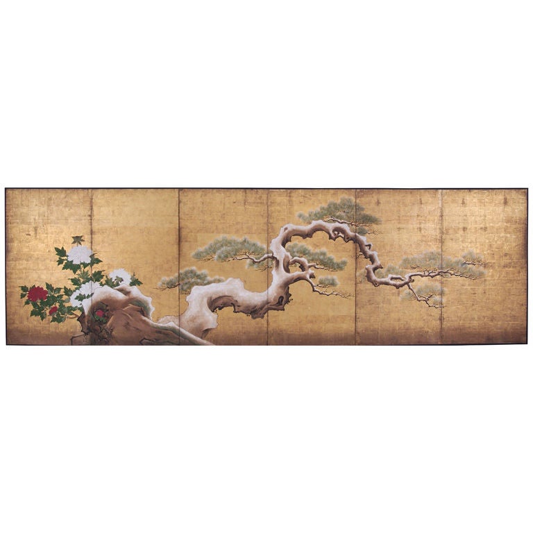 Exceptionally Large Japanese Screen with Pine Tree & Peonies For Sale