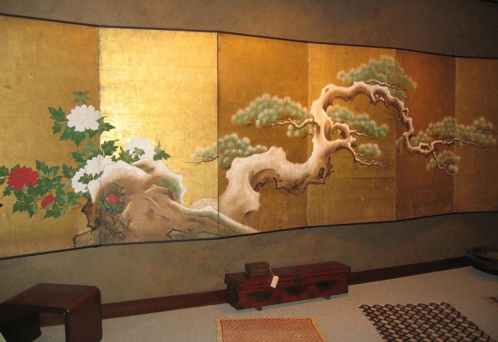 Exceptionally Large Japanese Screen with Pine Tree & Peonies For Sale 2