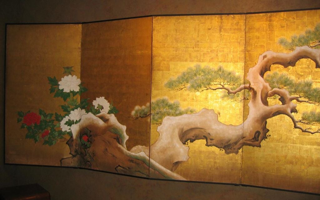 Exceptionally Large Japanese Screen with Pine Tree & Peonies For Sale 3