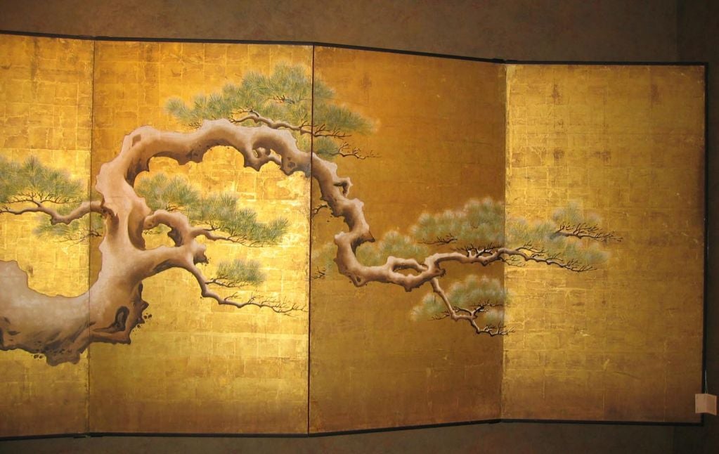 Exceptionally Large Japanese Screen with Pine Tree & Peonies For Sale 4