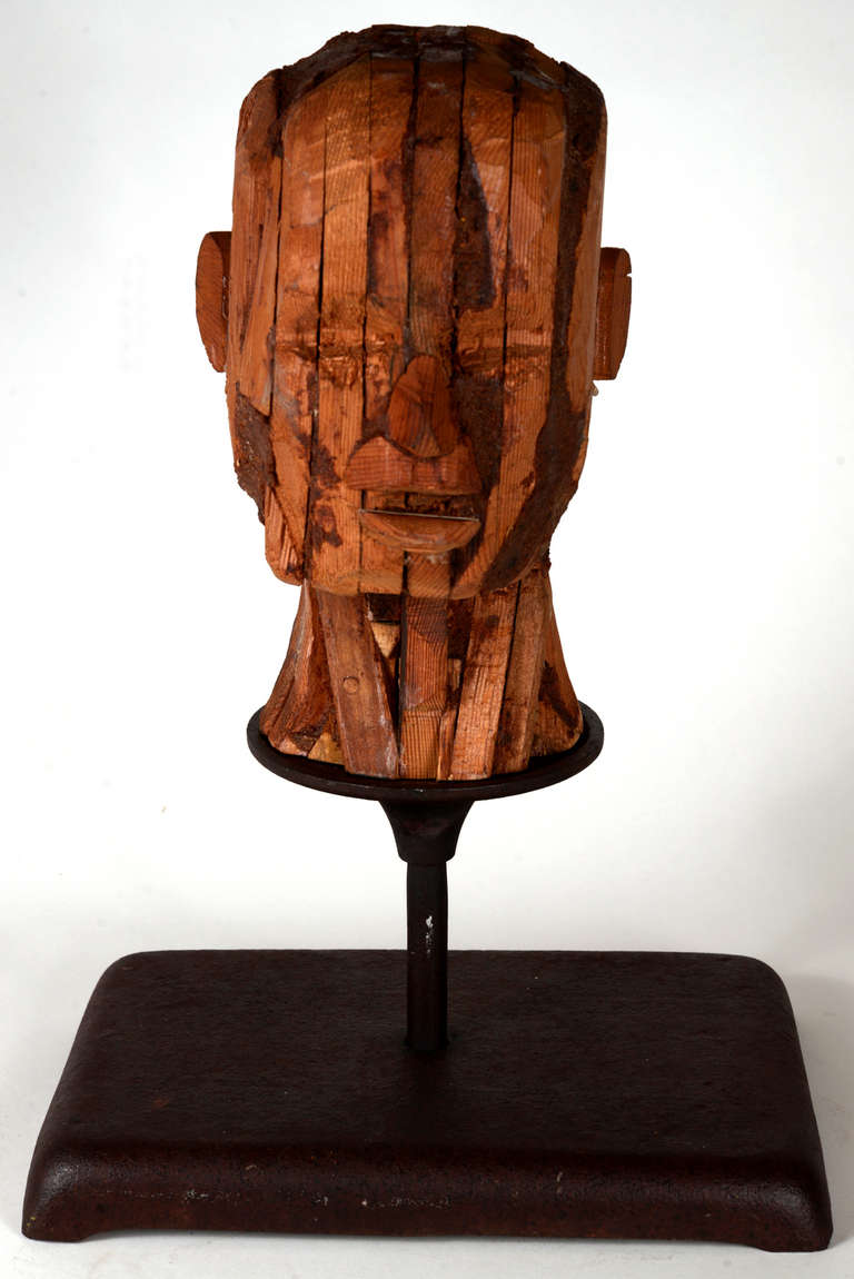Pieced rough-hewn pine slabs are laminated, then carved to form this bizarre male head.  Smaller carved pieces are attached for the ears, nose and lips.  Mounted to a steel rod which is attached to a found-object steel base.