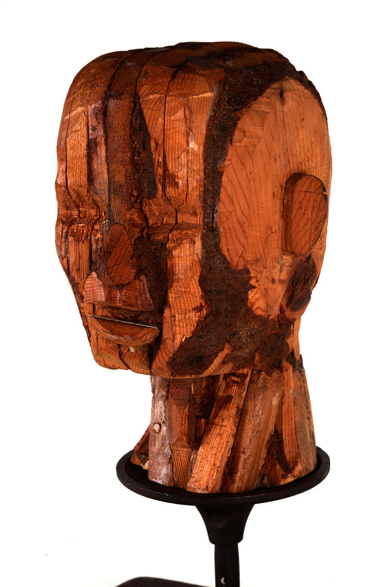 American Wood Male Head Sculpture on Stand