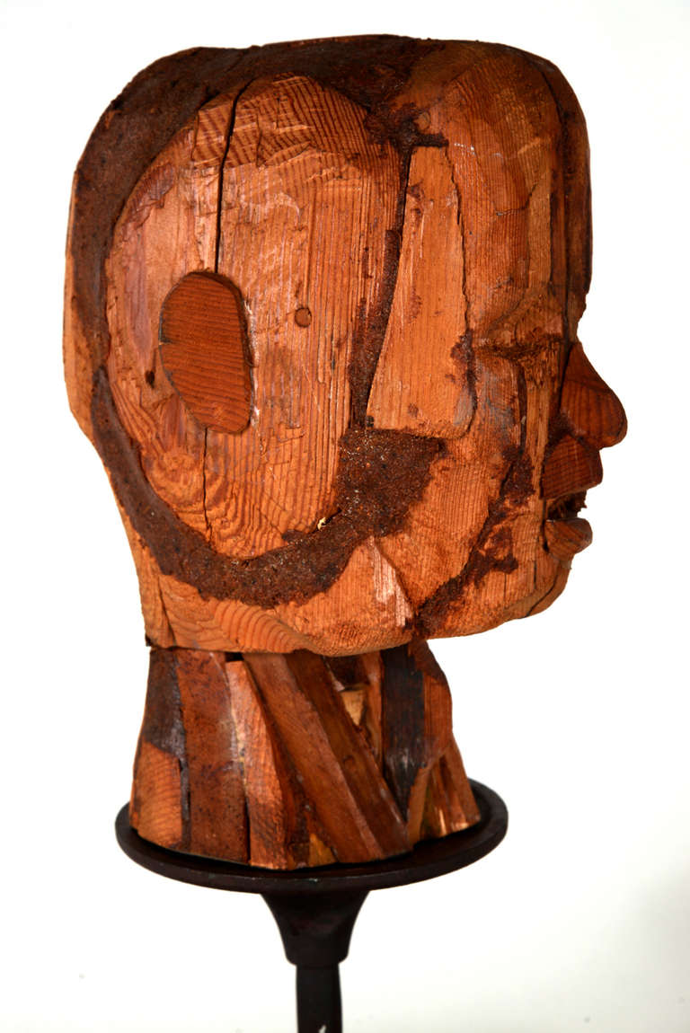 Wood Male Head Sculpture on Stand In Excellent Condition In Seattle, WA
