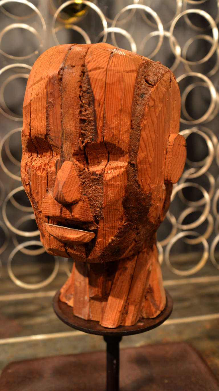 Late 20th Century Wood Male Head Sculpture on Stand