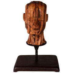 Wood Male Head Sculpture on Stand