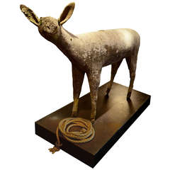 Vintage Concrete Mule Deer Sculpture on Stand