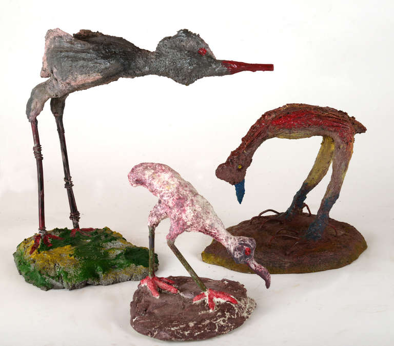 Whimsical set of three crudely sculpted shorebirds of different presumed species, color, shape and size.  Fun for the whole family.
