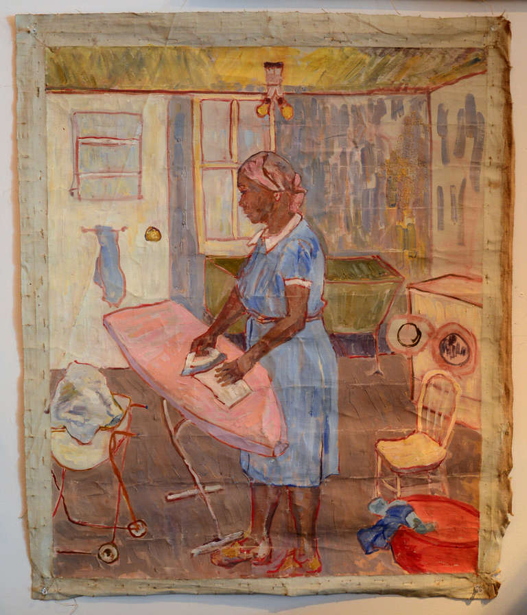 A quaint laundry room scene depicting an African-American woman at the ironing board, the details here are executed with such care and the technique so charming.  Her maid uniform, the exposed double-bulb ceiling light, the utility sink in the