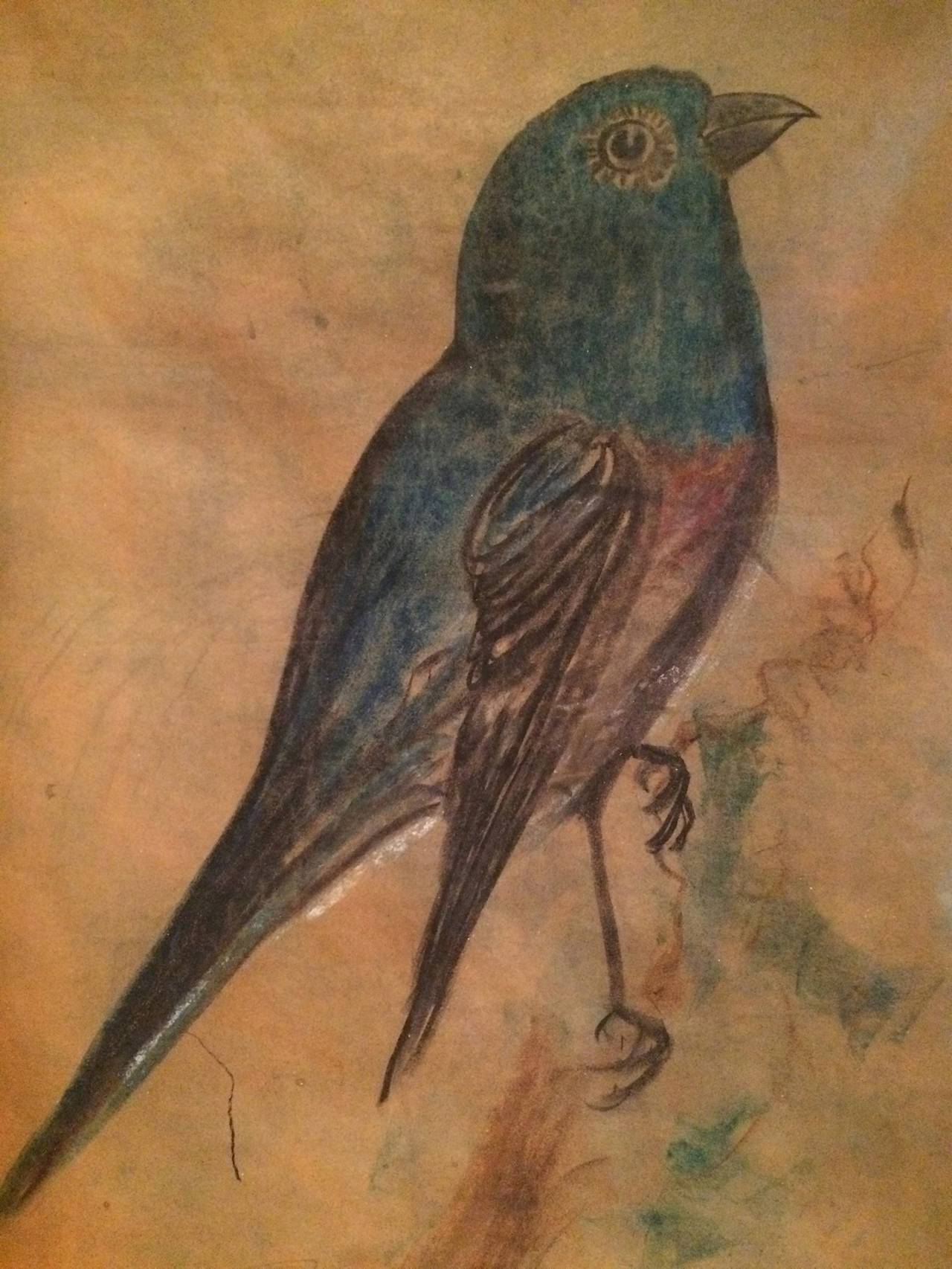 I believe this charming pastel drawing of a single blue bird on butcher block paper is from the hand of a self-taught artist. Naive framing materials include burlap and cardboard framed in Douglas fir.