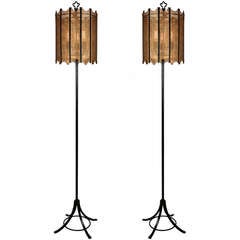 Pair Custom Hollywood Regency-Style Wrought Iron & Mesh Brass Floor Lamps