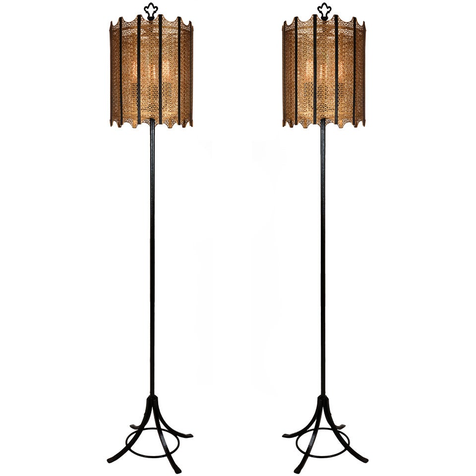 Pair Custom Hollywood Regency-Style Wrought Iron & Mesh Brass Floor Lamps