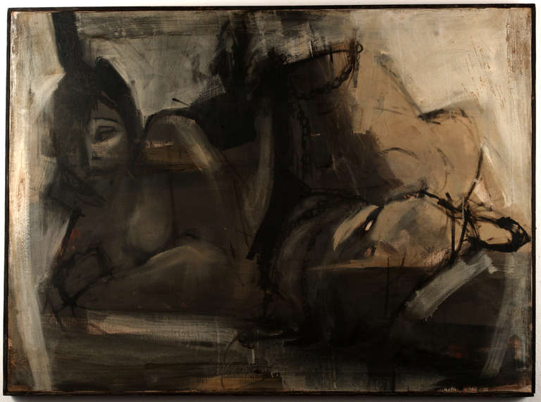 Moody and dark, this painting depicts a voluptuous woman in repose, reclining on her right side half nude, with a pout on her face.  She's scantily clad in what appears to be miniscule lacey lingerie or garters and black slippers. 

The signature