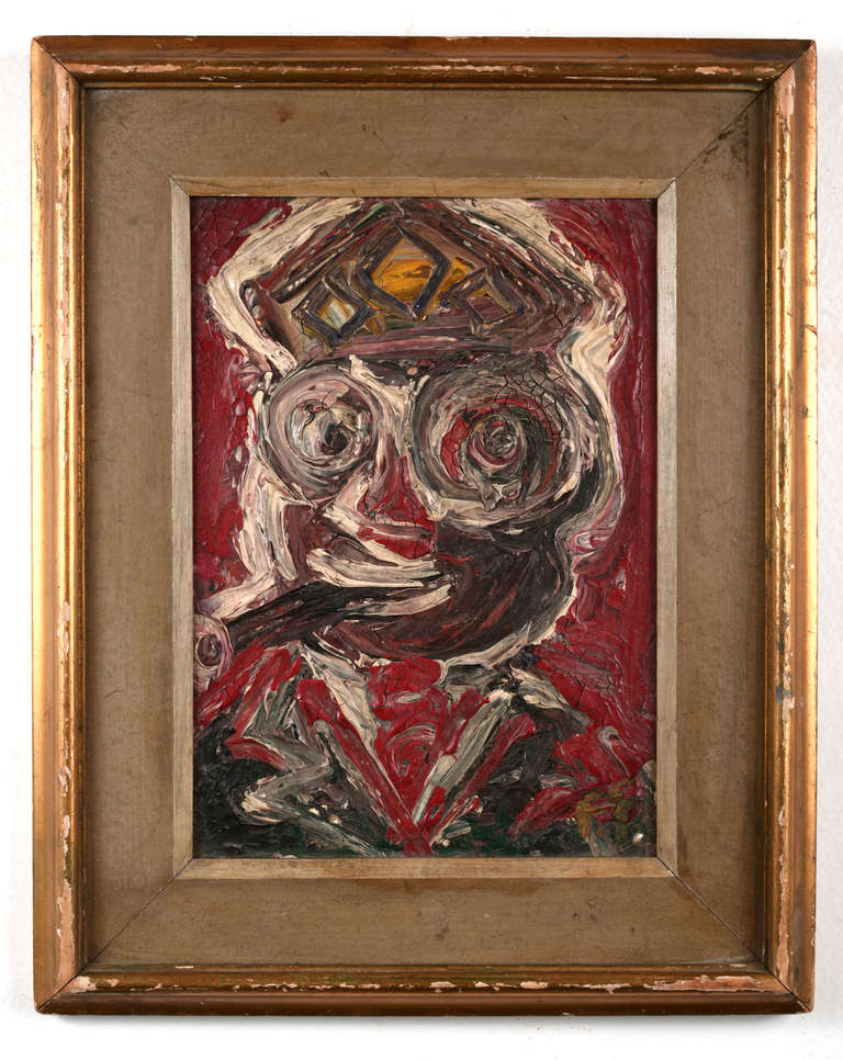 Heavy brush strokes and deep red color at background make up this peculiar abstract painting which depicts a sailor in uniform, with a stogie in his mouth.   That may well be a smirk on his face too.  Clever.