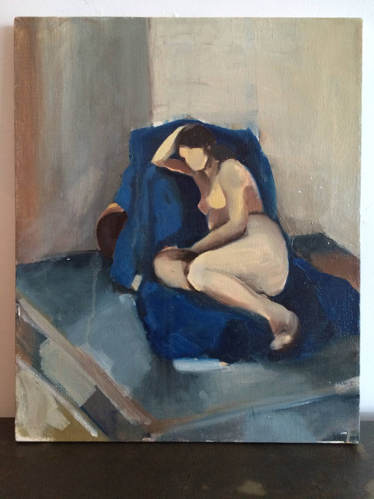 Acrylic on canvas painting of a stylized nude women in repose on a blue chaise longue.