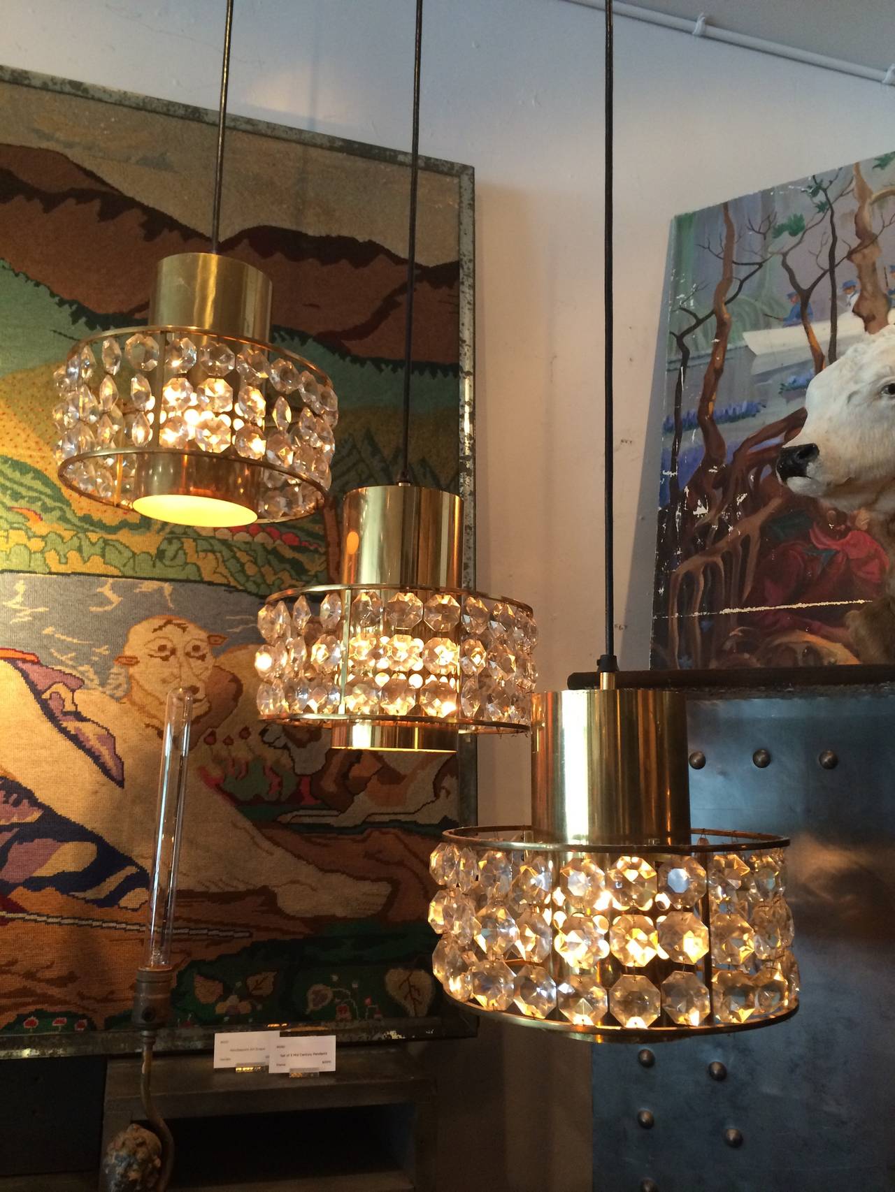 French Set of Three Mid-Century Crystal and Brass Pendants