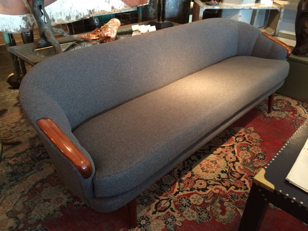 Rosewood Mid-Century Gray Wool Sofa For Sale