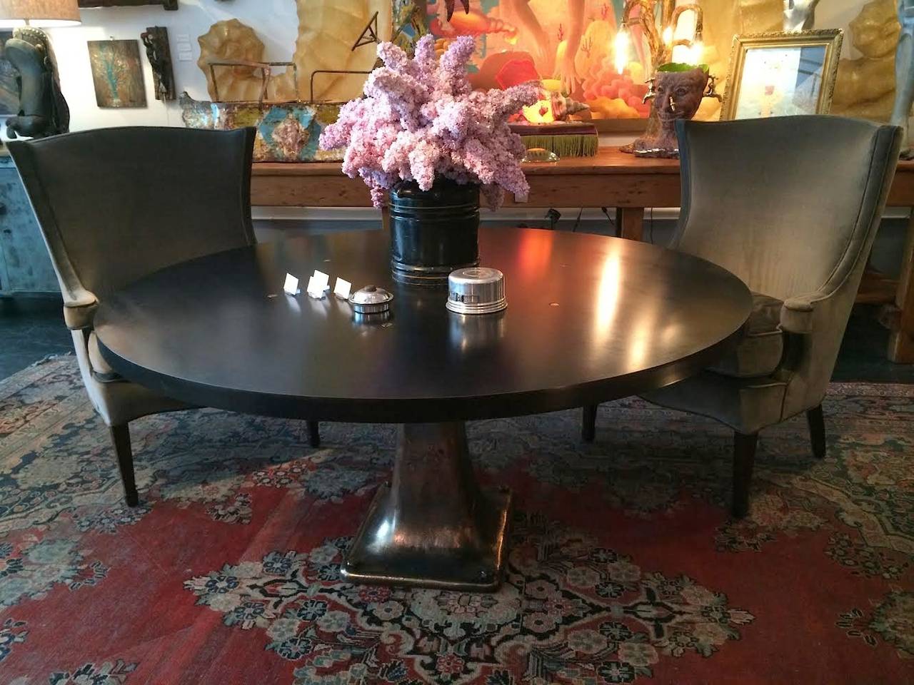 Contemporary Cast Bronze Pedestal Steel Top Dining Table For Sale
