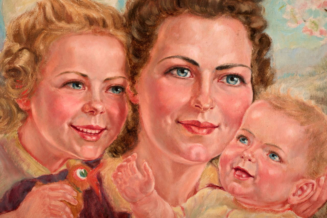 Hyper surrealist portrait of a young mother and her two children surrounded by apple or cherry blossoms. I believe this is from the hand of a talented professional artist though I cannot make out the signature.