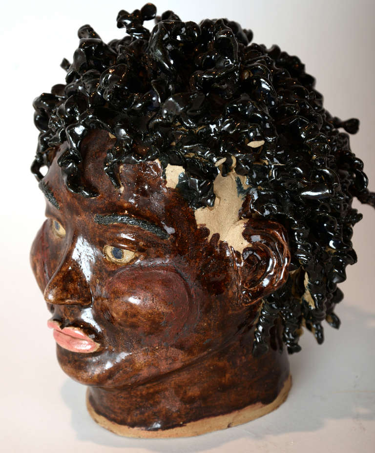 American Folk Art Glazed Ceramic Head Sculpture