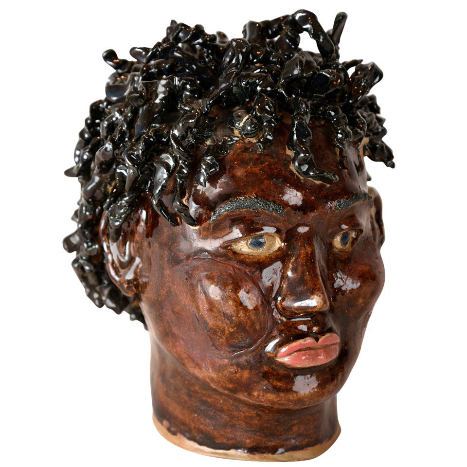 Folk Art Glazed Ceramic Head Sculpture