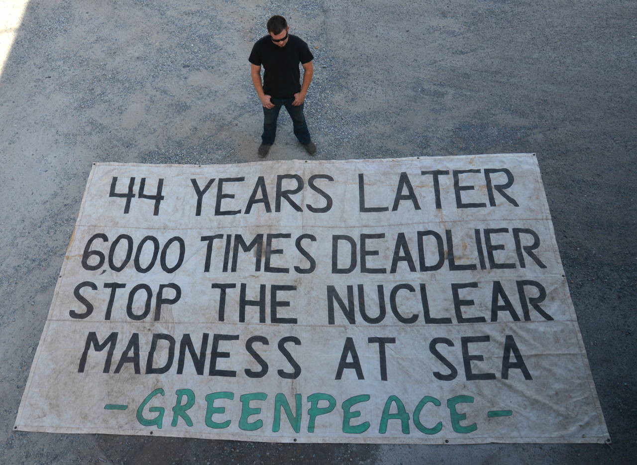 Hand-painted nylon banner created to protest nuclear waste disposal at sea.