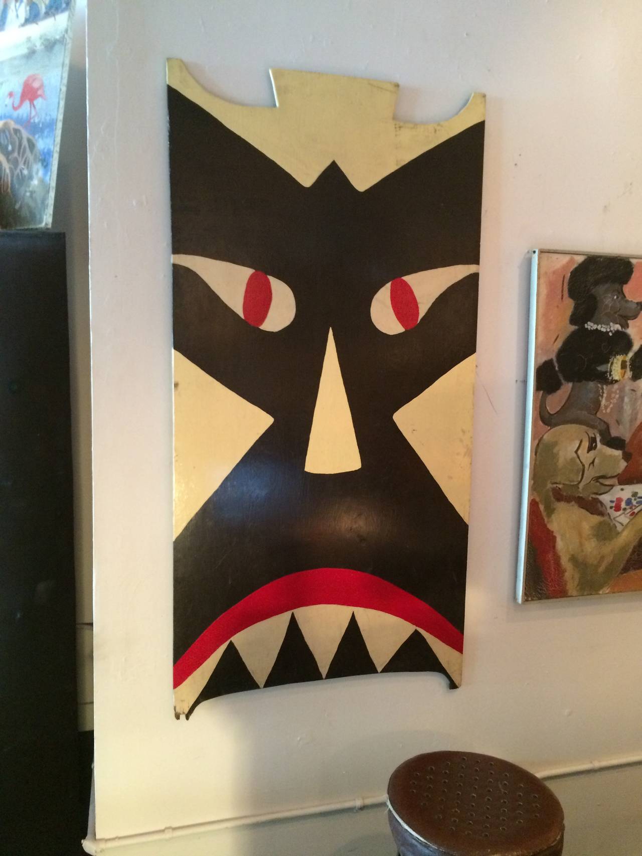 Wooden Painted Graphic Face In Fair Condition In Seattle, WA