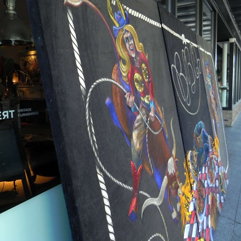 This outrageous 12 ft. long  oil pastel on black velvet triptych may have been on display in a BBQ joint originally.   Each panel has been stretched over a wooden frame allowing for easy installation.