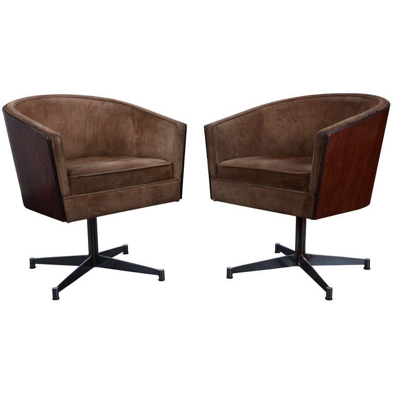 MidCentury Suede and Walnut Swivel Chairs at 1stdibs