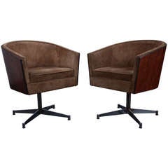 Mid-Century Suede and Walnut Swivel Chairs
