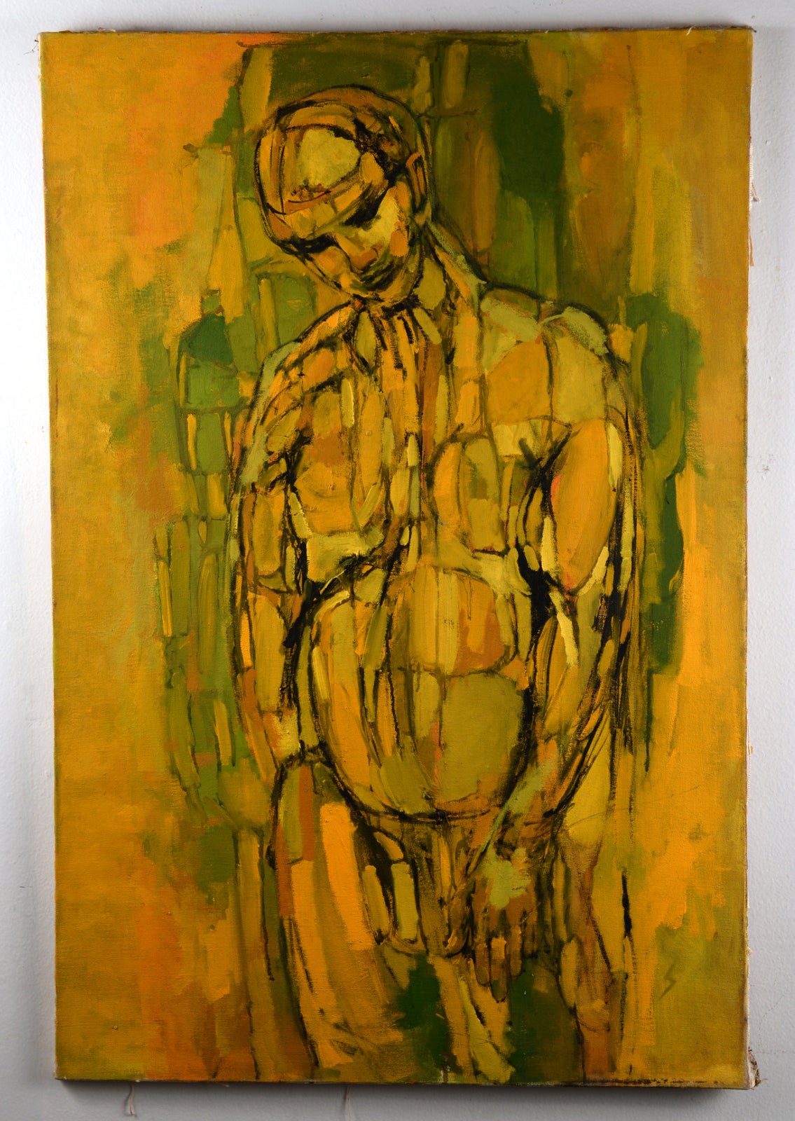 Stylized naked male nude painting in bold yellows and greens. The intense color palette and bold geometric shapes help to accentuate the well-developed muscular form. The back of the painting is signed 