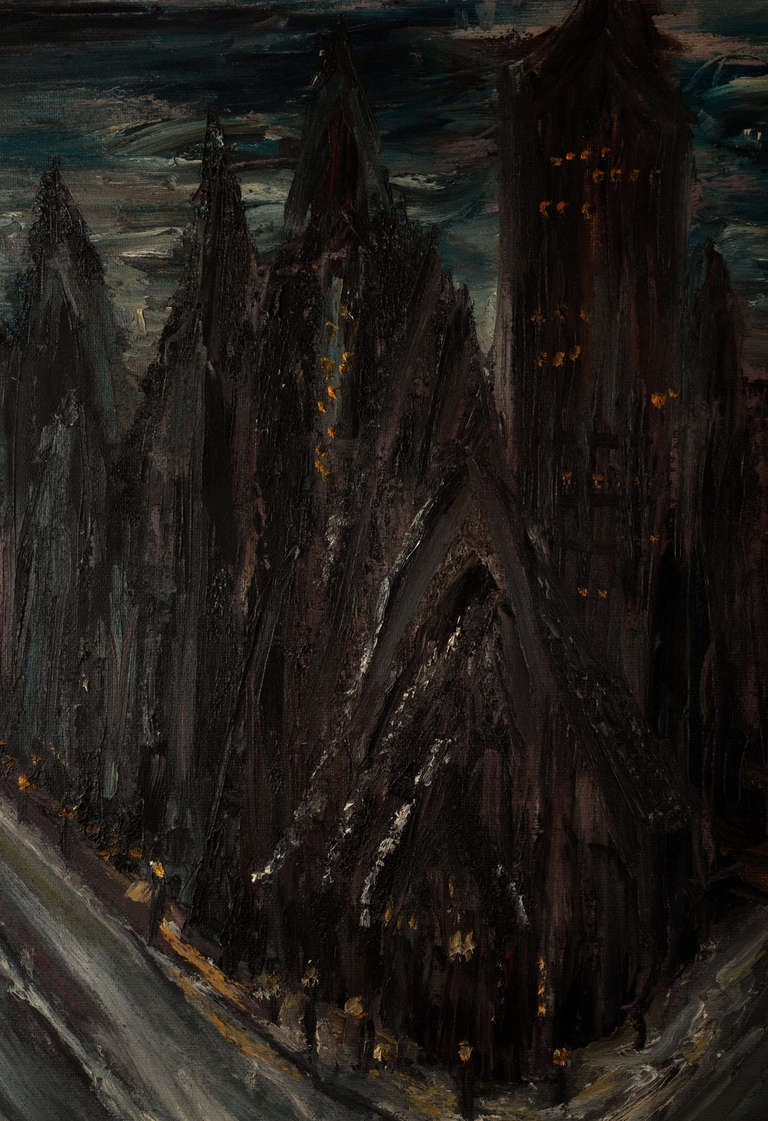 A dark, Gothic-inspired winter scene painting of a European city at dusk with stylized tall buildings and a cathedral spire in background, a split street with ice and snow in foreground.

This piece is signed Denis Neal.