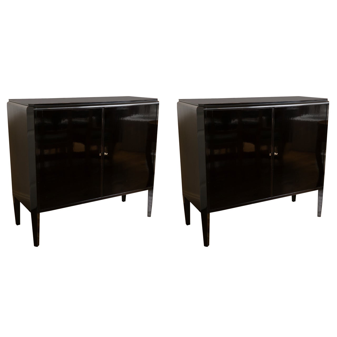 Pair of Tall Black Lacquered French Cabinets