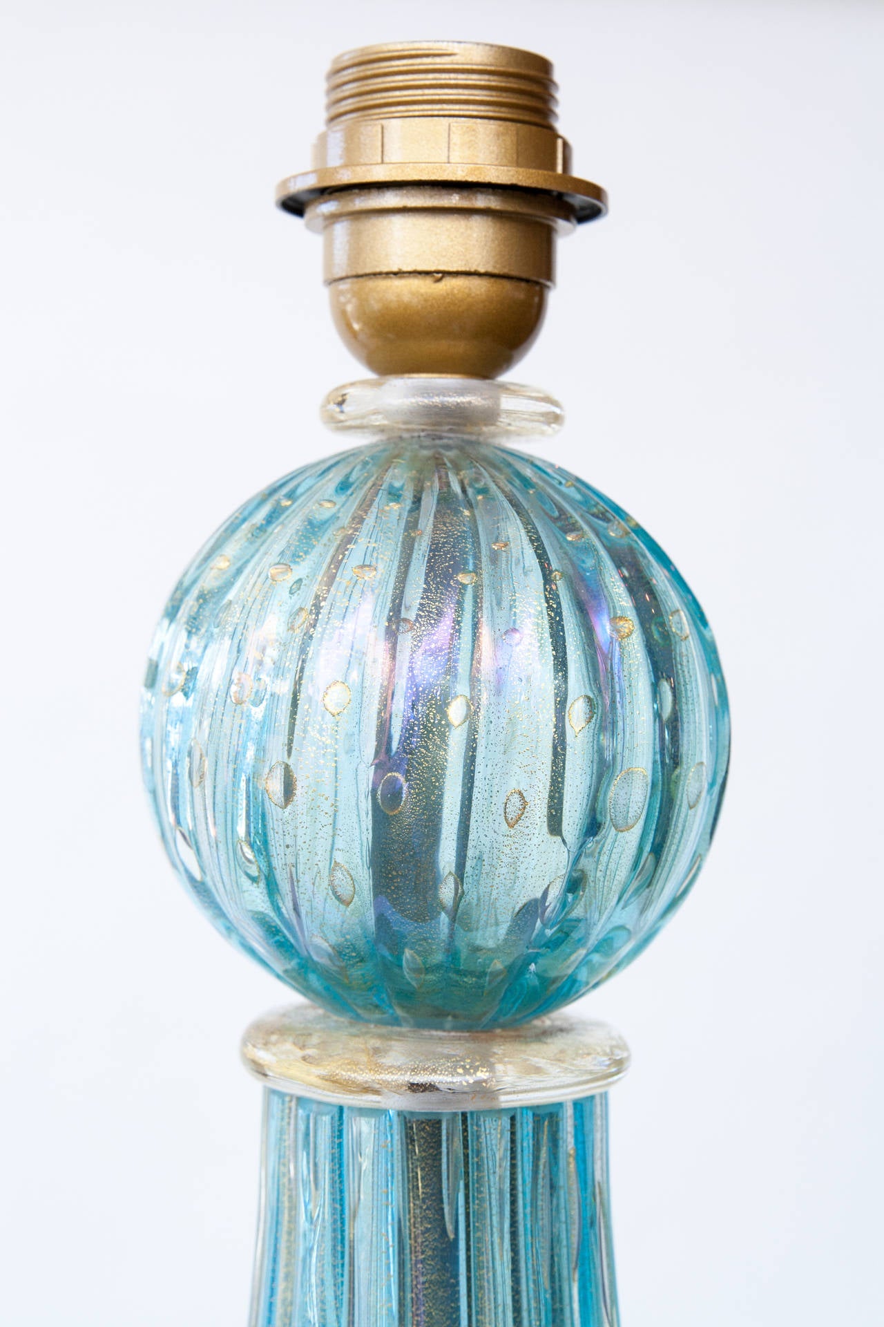 Modern Fine Pair of Vintage Aquamarine and Gold Blown Murano Lamps