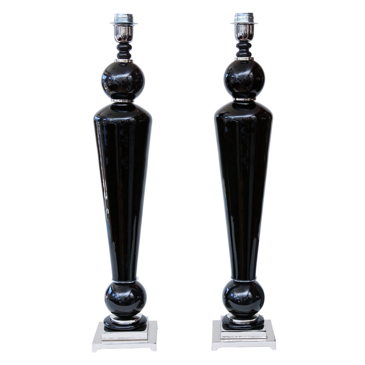 Pair of Tall Modern Black Blown Murano Lamps