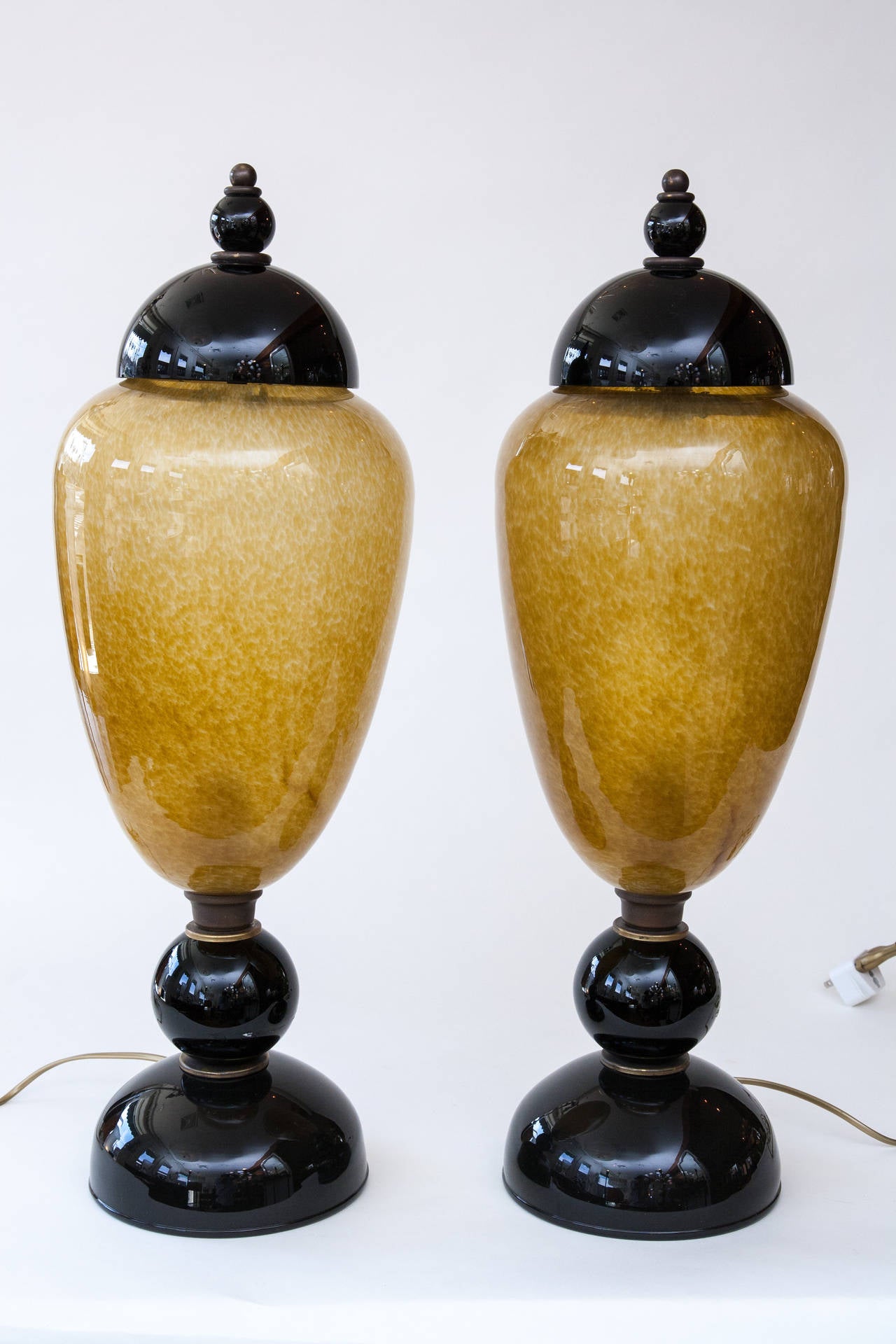 Very rare and large pair of Murano blown black and ambra covered vases by Moretti, circa 1960-1970.