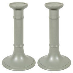 Antique Pair of Neoclassical Gray Drabware Candlesticks