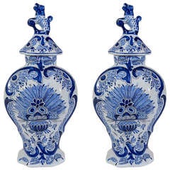 A Pair of Dutch Delft Covered Blue and White Mantle Vases