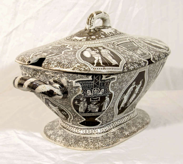 A Herculaneum brown on white tureen with classical and mythological figures printed on earthenware. According to the Fitzwilliam Museum the neoclassical 